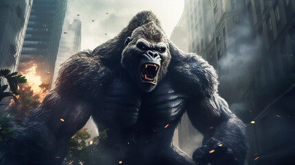 Urban Amidst a concrete jungle, a huge gorilla clenches its fists, ready to demolish buildings in a display of raw power