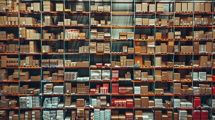  Interior of a spacious warehouse filled with cardboard boxes on shelves - commercial logistics and shipping distribution background - storehouse cargo storage scene