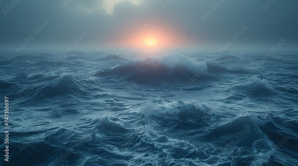 Poster texture of a misty blue ocean wave with the suns rays peeking through the clouds in the background.