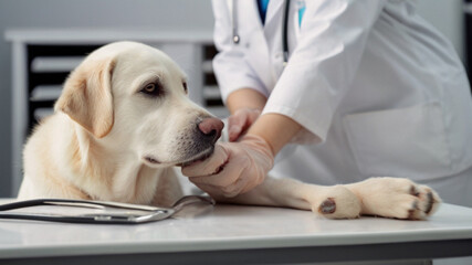 Cute dog at vet station. Veterinary clinic concept. Services of a doctor for animals, health and treatment of pets.