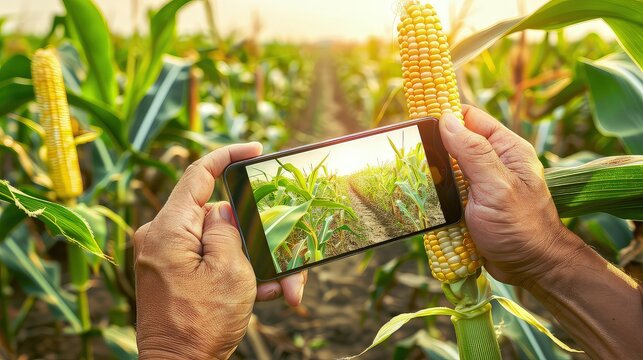 Amidst towering cornstalks, the farmer captures a moment of triumph with his smartphone.
