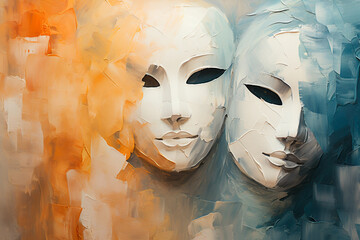 Two white masks, abstract oil painting on canvas, no people - obrazy, fototapety, plakaty