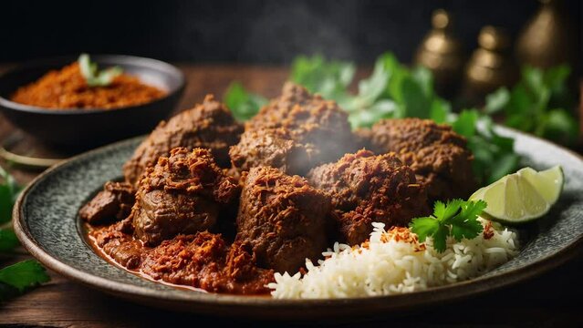 a plate of beef rendang with rice, typical Indonesian food