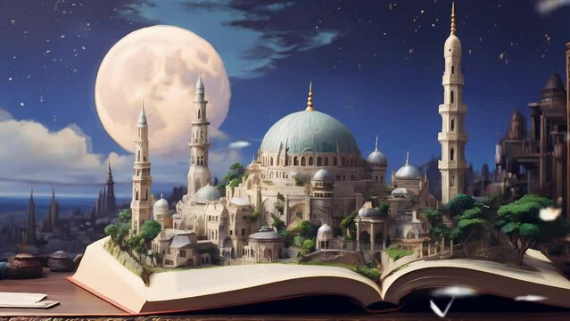 mosque on top of a book that is open to the right and left