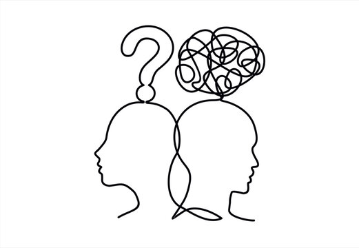 Concept of confusion in the head and question mark. Continuous One line drawing. Problems stress illness and depression concept