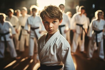 Fototapeta premium a karate practitioner Boy, his expression a testament to the dedication and discipline cultivated in the martial arts.