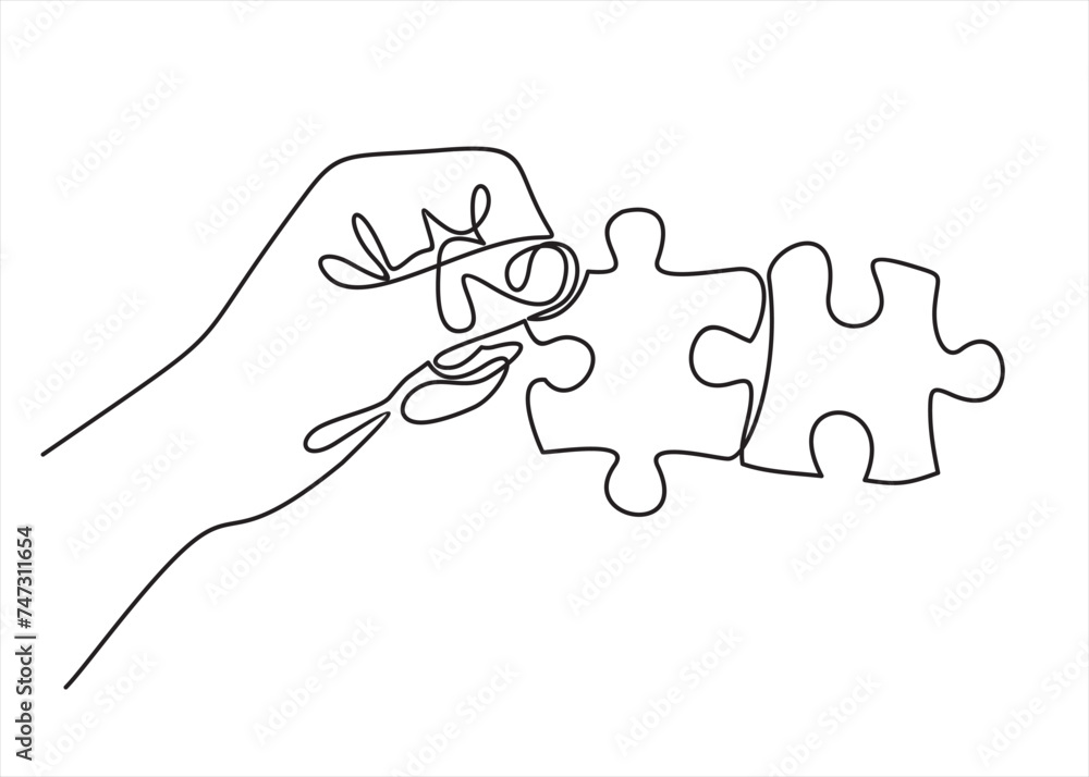 Poster continuous one line drawing of hand and puzzle. business matching - connecting puzzle elements. puzz