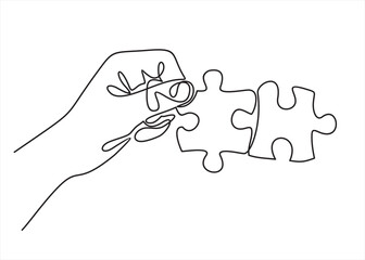 Continuous one line drawing of hand and puzzle. Business matching - connecting puzzle elements.  Puzzle game symbol and iconic business metaphor for problem solving, solution and strategy.