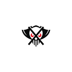 Crossed axes and skull head logo design, vector illustration.