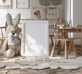 Children's Room with Mock-Up Frame and Natural Wooden Furniture, Presented in 3D Render. Made with Generative AI Technology