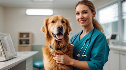 Cute dog at vet station. Veterinary clinic concept. Services of a doctor for animals, health and treatment of pets.