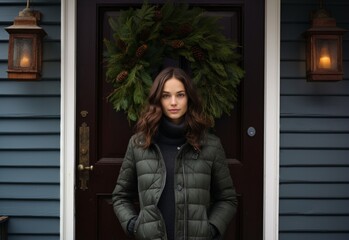 Woman by Festive Door with Christmas Wreath. Christmas concept