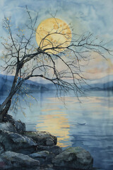 oil painting, moon lake and dry trees