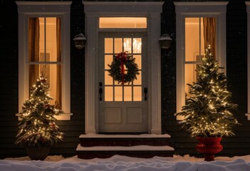 Warm Winter Welcome: Snowy Evening with Festive Door and Christmas Trees. Christmas concept