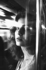 A candid 35mm straight shot revealing a stunning woman seen through the window of a moving subway, with cinematic motion blur and the distinct aesthetic of expired slide film