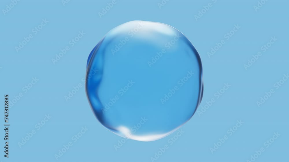 Poster realistic water bubble on blue backdrop. abstract liquid distorted sphere. 3d render animation loopa