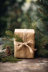 Fototapeta na wymiar Timeless Wrapped Present with Pine Branches. Christmas concept