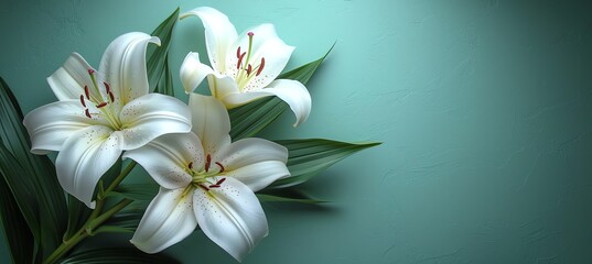 Fototapeta na wymiar Luminous White Lilies on Teal Background with Copy Space Available