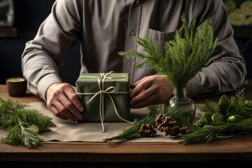 Person Crafting a Beautifully Natural Gift Presentation. Christmas concept - Powered by Adobe