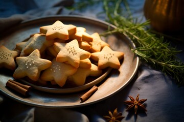 Starlight Treats: Homemade Star-Shaped Cookies on Rustic Plate with Festive Christmas Decor