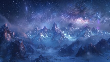 In the embrace of the night, a mountain range is adorned with snow-capped peaks, standing in silent reverence beneath the celestial ballet of the Milky Way, a breathtaking spectacle to behold. - obrazy, fototapety, plakaty
