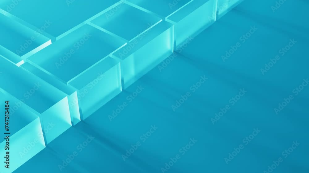 Poster blue semi-transparent glass blocks motion on a background with a place for text. 3d render animation