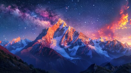 Bathed in the celestial glow of the Milky Way, a mountain range stands as a silent witness to the mysteries of the universe, its peaks soaring into the star-filled sky, a symbol of cosmic majesty. - obrazy, fototapety, plakaty