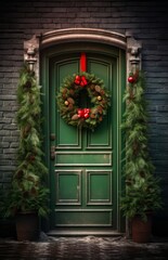 Fototapeta na wymiar Festive Christmas Wreath on a Green Door. Christmas concept