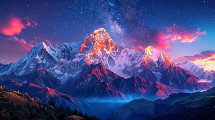 A mountain range, cradled by the celestial glow of the Milky Way, stands as a testament to the boundless beauty of the universe, its peaks a silent witness to the timeless dance of the cosmos. - obrazy, fototapety, plakaty