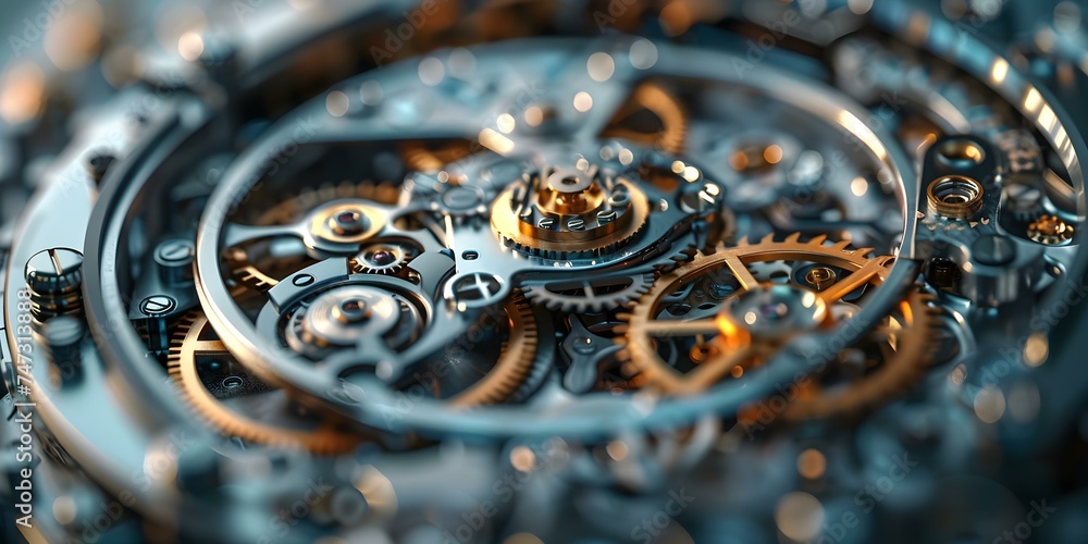 Poster the fusion of time and tech: an elegant and intricate d clockwork design. concept mechanical steampu