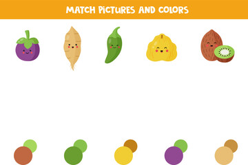 Match kawaii fruits and vegetables with colors. Educational worksheet for kids.