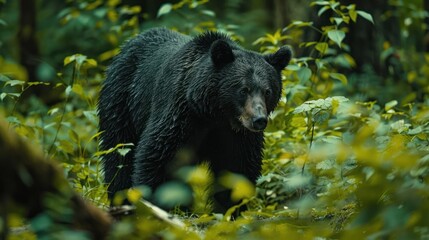 Naklejka premium Majesty of the Forest: Witness the Majestic Grizzly Bear Roaming its Verdant Habitat. In this Snapshot of Untamed Wilderness