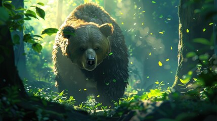 Majesty of the Forest: Witness the Majestic Grizzly Bear Roaming its Verdant Habitat. In this Snapshot of Untamed Wilderness - obrazy, fototapety, plakaty