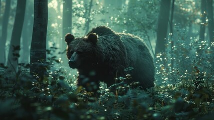Majesty of the Forest: Witness the Majestic Grizzly Bear Roaming its Verdant Habitat. In this Snapshot of Untamed Wilderness