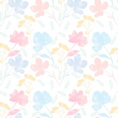 Watercolor seamless pattern with delicate spring flowers. Botanical illustration. An elegant decoration for any design. Delicate print with abstract flowers in pastel colors. Watercolor texture.