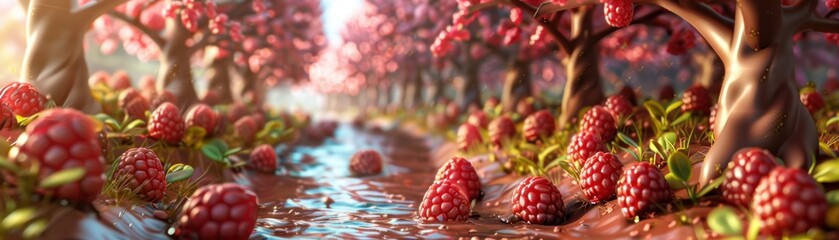 Chocolate River: A Sweet Harmony of Nature's Bounty. Amidst the Summer Greenery, Juicy Fruits and Berries Flourish. From Ripe Cherries to Fresh Strawberries