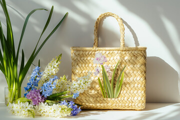 Fototapeta na wymiar Beautiful straw bag with seasonal purple flowers of hyacinth and carnation blossom. Generative AI