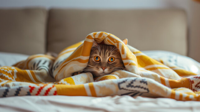 cat kitten hiding under a blanket peeking out