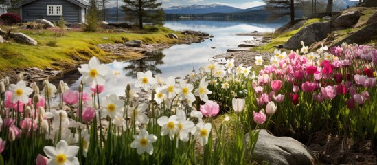 A bunch of vibrant flowers in full bloom are situated by the edge of a calm body of water, creating a colorful and lively scene in the natural setting.