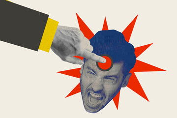 Photo collage picture young screaming man furious mad reaction mental disorder bully offensive...