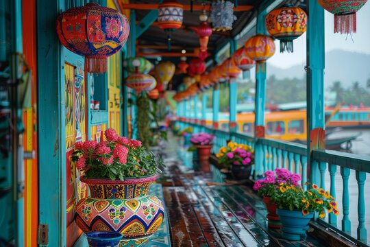 Vibrant traditional lanterns hanging on a beautifully decorated porch with colorful floral arrangements, showcasing cultural artistry.