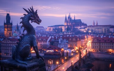 Dragon Sculpture in Prague: A Gothic Marvel in the Heart of the Czech Republic. Amidst the Old Town's Towering Architecture and Medieval Charm - obrazy, fototapety, plakaty
