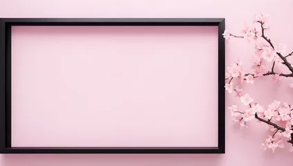 Fotobehang Empty black frame with flowers aganist a pink background. Frame for love or weeding concepts. © Adam