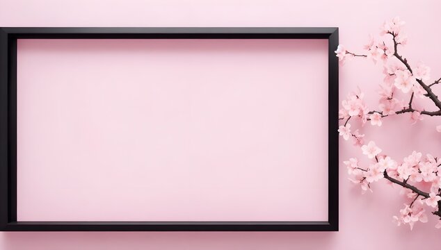 Empty black frame with flowers aganist a pink background. Frame for love or weeding concepts.