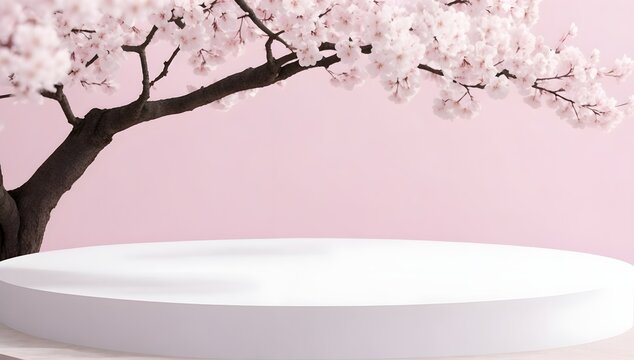 Empty white round podium aganist a pink background with cherry bloosom. Perfect platform for showcasing organic cosmetics