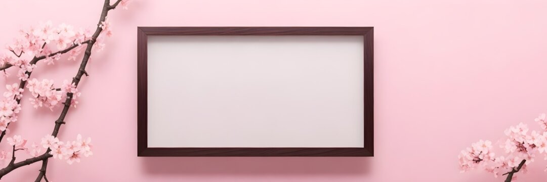 Empty frame on pink wall with flowers. Blank frame background banner.