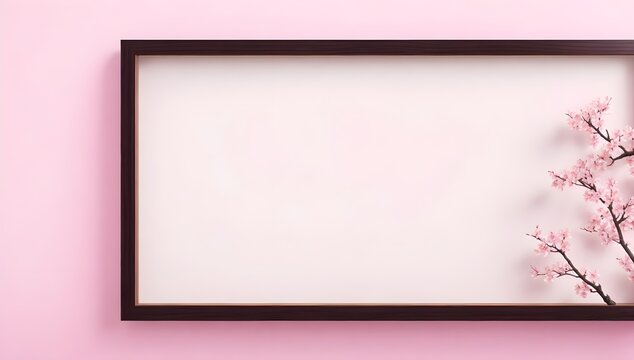 Empty frame with copy space aganist pink wall with cherry bloosom