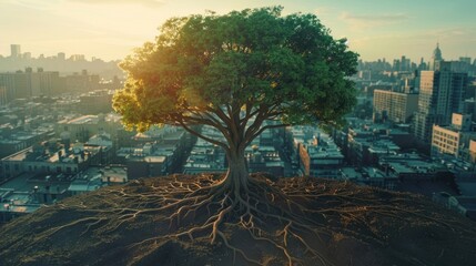 Tree Amidst the Cityscape. In the Bustling Metropolis, Nature Finds Its Sanctuary. Against the Backdrop of Skyscrapers and High-Rises - obrazy, fototapety, plakaty