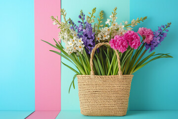 Beautiful straw bag with seasonal purple flowers of hyacinth and carnation blossom. Generative AI