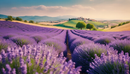 lavender field region, A bright field of lavanda in full bloom, surrounde